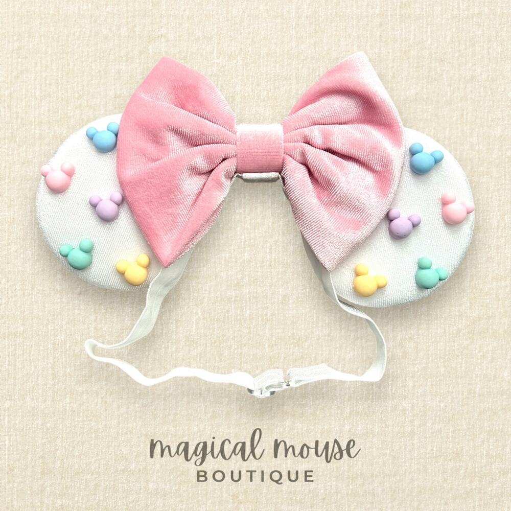 Elastic White Velvet & Pastel Pearl Minnie Ears | Disney-Inspired Mouse Ears